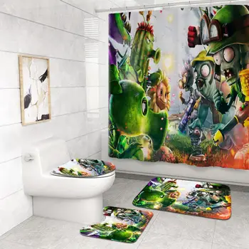 Plants vs. Zombie poliester prysznicem kurtyna zestaw kreskówka prysznicem kurtyna z haczykami antypoślizgowe cokół mat pokrywa toalety 4 szt.