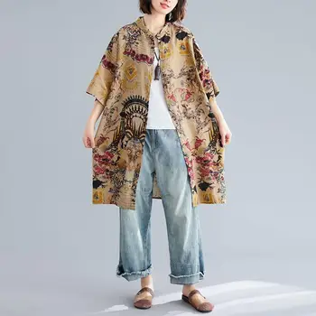 Plus rozmiar bawełna pościel długa bluzka koszula Sukienka letnie kobiety vintage print koszule Damskie kimono sweter 2020 Nowa wiosna 5XL