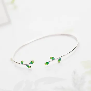 Podpórka do książek 925 srebro emalia Zielona Gałązką oliwną liście otwarte mankietów bransoletki i bransoletki dla kobiet moda biżuteria