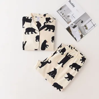 Przyczynowe od piżamy damskie zestawy bawełna kolor biały z pięknymi czarnymi niedźwiedziami drukowane zimowe wysokiej jakości krótkie, słodkie piżamy dla pań