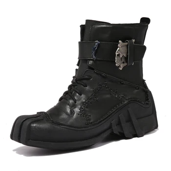Punk buty męskie rocznika i niepowtarzalny wygląd skóra naturalna kostki motocykl wojskowe buty bojowe z czaszką