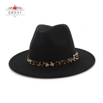 QBHAT Leopard Grain Leather Decor Handmade Wide Rondem Wool Felt Fedora Hats Caps Men Women Jazz Panama Cap Trilby Sombrero