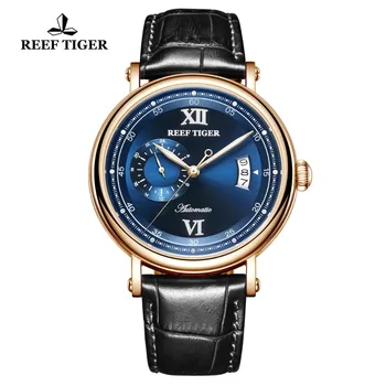Reef Tiger/RT luksusowe zegarki męskie kreatywne zegarek nowy różowe złoto automatyczne zegarki Big Date Blue analogowy 5 Bar RGA1617-2