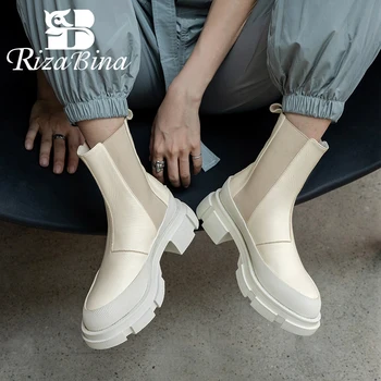 RIZABINA Damskie botki ze skóry naturalnej, modna platforma ciepłe futro zimowe buty Damskie casual na co dzień krótkie buty rozmiar 3440