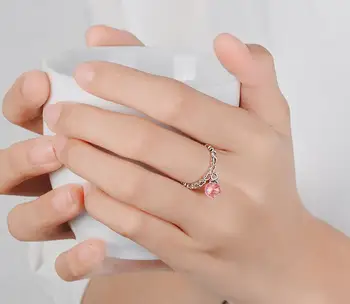 Romantyczna Miłość, Serce, Różowy Strawberry Quartz 925 Srebro Panie Palec Obrączki Biżuteria Dla Kobiet Deluxe Pierścień Nie Blakną