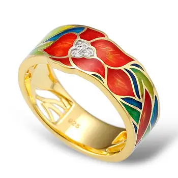 SANTUZZA srebrny pierścień dla kobiet 925 srebro wykwintne kwiat złoty kolor genialny cyrkonia pierścień luksusowe biżuteria emalia