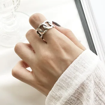 SHANICE Urok 925 srebro szeroki łańcuch pierścień srebrny rocznika dzikie kwadratowe paski łańcuchy otwarte pierścienie dla kobiet wykwintne biżuteria prezent