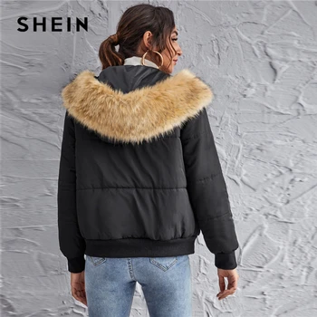 SHEIN O-ring Zipper Up Contrast Faux Fur z kapturem kurtka damska zimowa z długim rękawem stałe casual kurtki czarny płaszcz