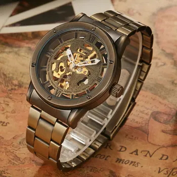 SHENHUA Top Brand retro brązowe męskie automatyczne puste zegarek mechaniczny gumtree stalowy pasek steampunk luksusowe zegarki prezenty
