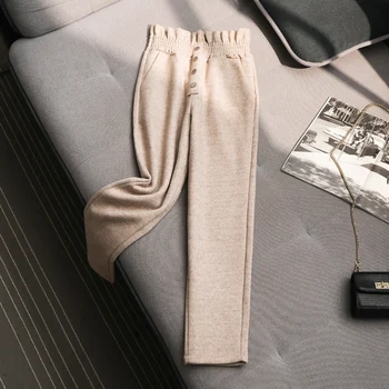 SHIJIA New High Waist Casual Wool Pants Woman Jesień Zima morela stałe ciepłe, proste spodnie spodnie Damskie odzież uliczna 2020