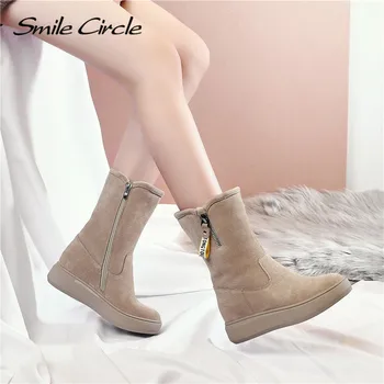 Smile Circle Slip-on Snow Boots damskie zimowe buty na płaskiej platformie 2019 ciepłe długie pluszowe Damskie buty z grubym dnem