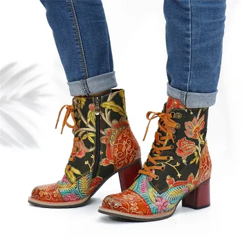 SOCOFY damskie krótkie buty w stylu retro z haftem kwiatów ciepłe flanelowe krótkie buty na podszewce casual ulica buty Botas Mujer 2020