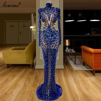 Specjalna Przezroczysta Królewska Niebieska Sukienka Gwiazdy Błyszczące Cekiny Suknia Wieczorowa Długa Arabskie Abendkleider Dubai Prom Dresses Party