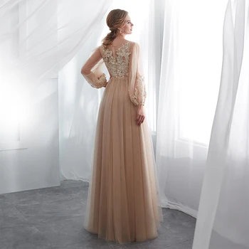 Szampan sukienka długie bujne rękawa weneckie koronki długość całkowita sukienki sukienka suknie wieczorowe vestidos de gala