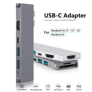 Tebe Dual-Type C Hub to HDMI 4K USB3.0 Splitter Port stacja dokująca do notebooka 7 w 1 USB C adapter do MacBook Pro/Air