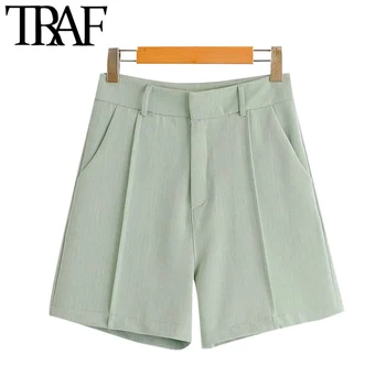 TRAF Women Chic Fashion boczne kieszenie proste szorty vintage Wysoka Talia zamek damskie krótkie spodnie Pantalones Cortos