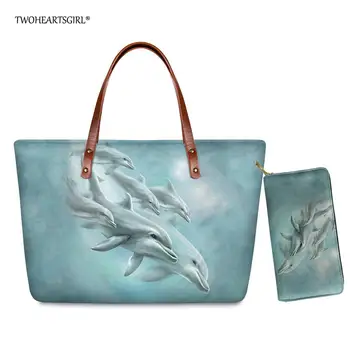 Twoheartsgirl Ocean, Dolphin Print Toys Set portfel dla kobiet neoprenowe damskie torby z górnym uchwytem codzienne damskie torby Tote