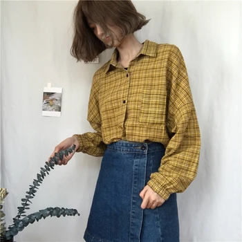 Vangull Vintage Plaid Shirt Woman wiosna jesień nowe bawełniane z długim rękawem na guziki Med-długość luźny top na co dzień uniwersalna bluzka płaszcz