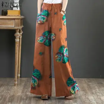 Vintage spodnie z nadrukiem damskie wiosenne spodnie 2021 ZANZEA Casual Sznurek kwiatowe spodnie Palazzo Female High Waist Turnip 5XL