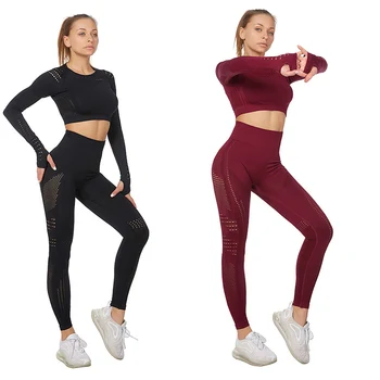 Vital Women Sport Suit Yoga Set Gym Workout Clothes Long Sleeve Fitness Crop Top + High Waist Energy Bezszwowe Legginsy