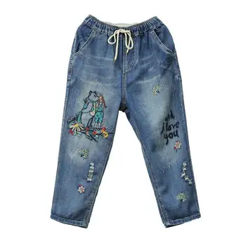 Wiosna damskie spodnie jeansowe nowa moda haft odcinek Wysoka Talia casual spodnie retro otwór duży rozmiar dziewięć Split dżinsy Damskie
