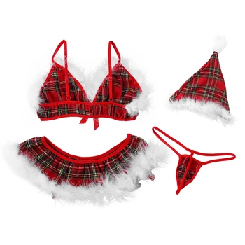Womens Sexy Ladies Plaid Christmas Lingerie Set School Girls Sexy Kostiumy Cosplay Klubowa Trimming Bra Tops with G-string Hat