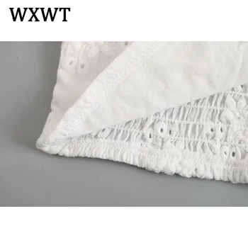 WXWT Modne damskie białe koronkowe drewniane wkładki boczne koszule bluzki z krótkim rękawem kwadratowy kołnierz stałe damskie letnie eleganckie krótkie bluzki SDP9386