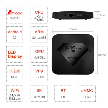 X10 MAX Android 9.0 8K Smart TV BOX Amlogic S905X3 4G 128GB ROM LED Display Dual 5G WIFI BT4.0 USB 3.0, HDR H. 265 8K Set Top Box