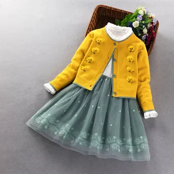 Zestaw ubrań dla dziewczynek 2020 wiosna jesień dla dzieci z dzianiny sweter żakiet+sukienka 2 szt. komplet dla dziewczynki księżniczka świąteczna odzież od 3 do 9 lat