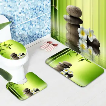 Zielony scena łazienka zestawy z wodoodporny poliester prysznicem kurtyna flanela mata toaleta pokrywa pokrywa w kształcie litery U, mata