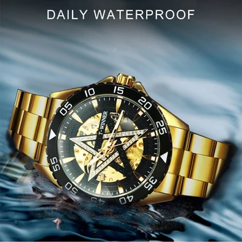 Zwycięzca złoto luksusowe zegarki mechaniczne automatyczne pasek ze stali nierdzewnej szkielet zegarek mężczyźni Kryształ Gwiazda dial zegarek mody